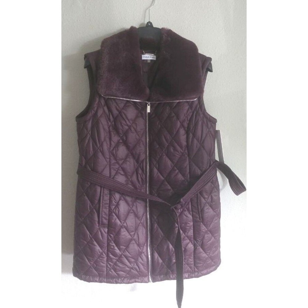 Calvin Klein Womens XL Wine  Quilted Puffer Vest Faux Fur Collar Zip Up Dressy